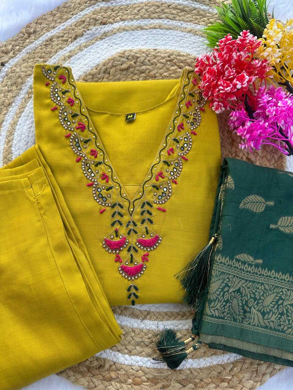 Yellow Embroidred Cotton Kurtis